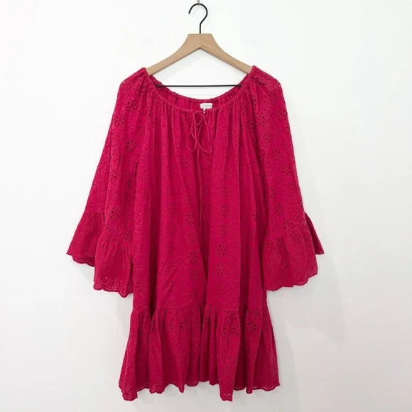 Sundance Moray Eyelet Bell Ruffle Sleeves Lipstick Red Coverup Tunic Dress XL - Picture 2 of 7
